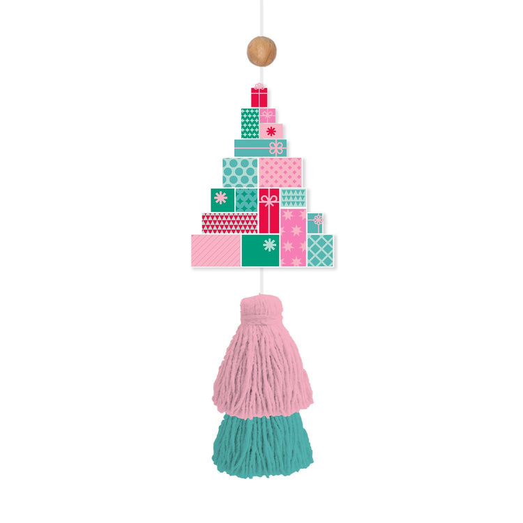 Holiday Hearth scented air freshener shaped like a Christmas tree made of colorful gift boxes.