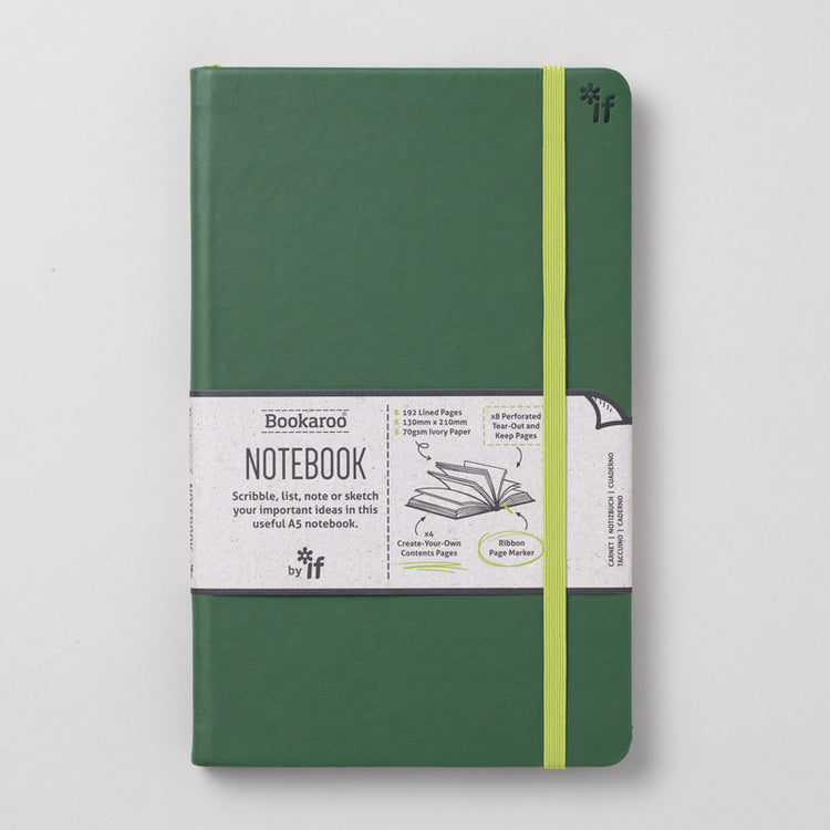 Hardback A5 journal with soft PU cover featuring lined pages, a ribbon bookmark, and elasticated strap.
