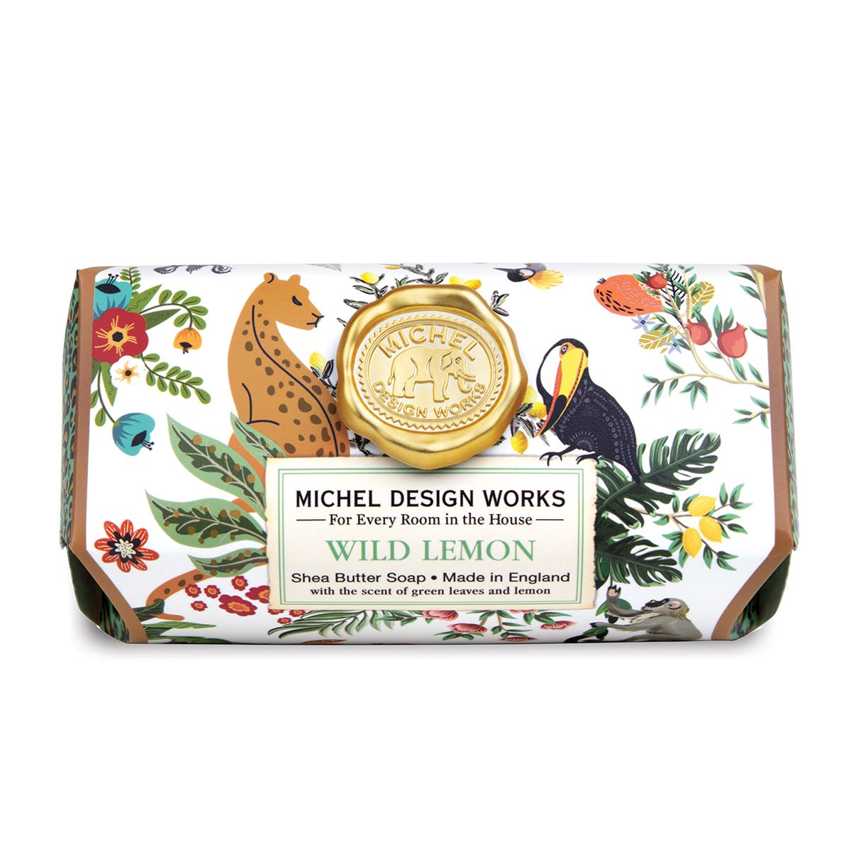Michel Design Works Wild Lemon shea butter soap bar with a jungle animal and fruit pattern.