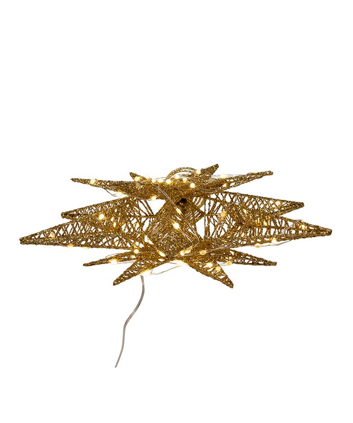 Pre-lit gold starburst treetop decoration with warm white micro LED lights and iron frame.