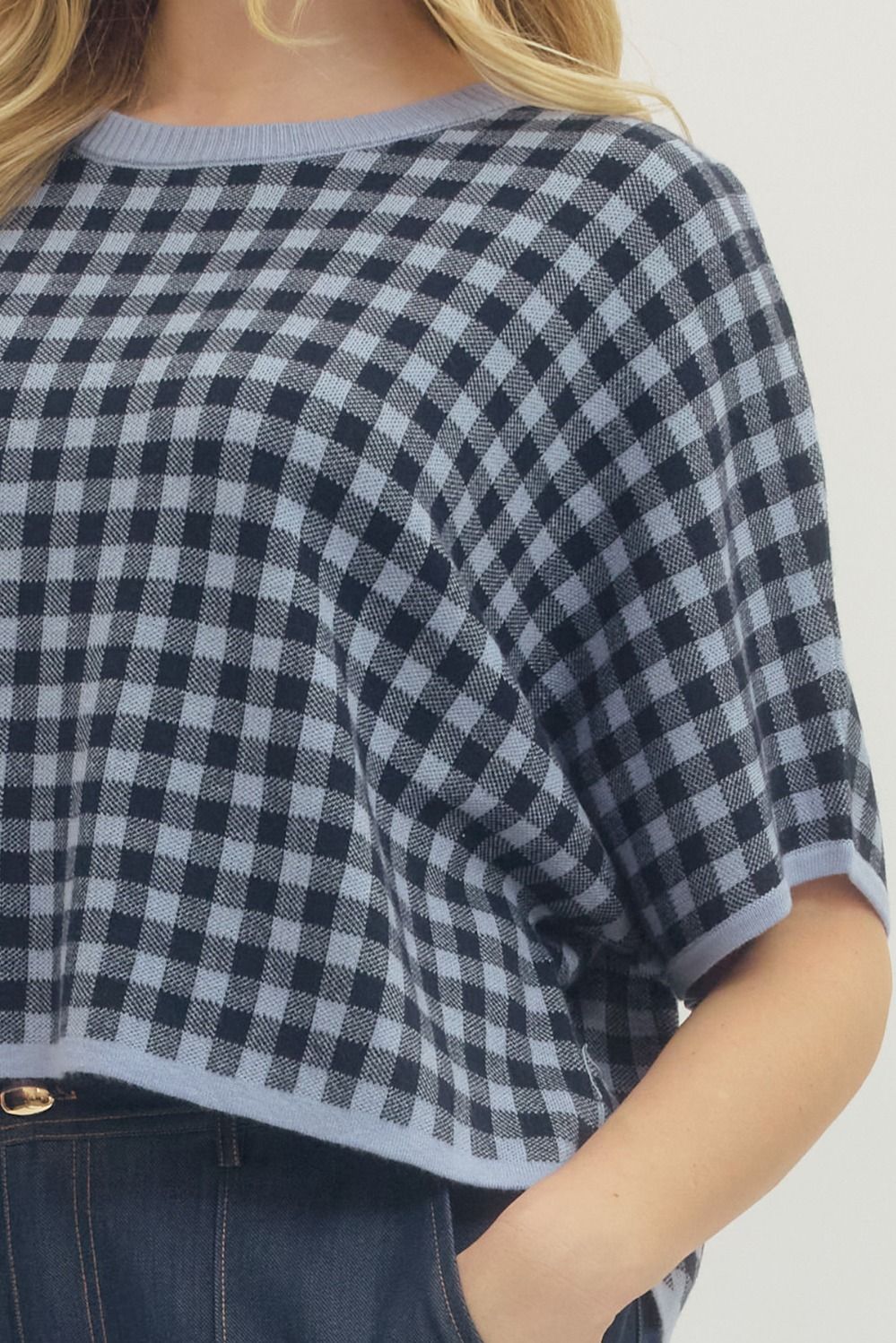 Eleanor gingham short-sleeve cropped knit top with contrast rib trim in white and black.
