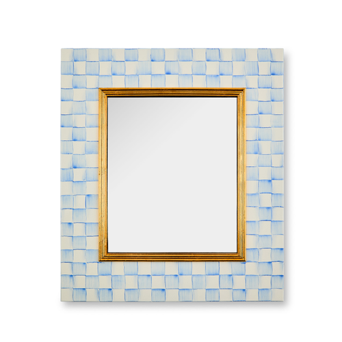 Mackenzie Childs Sky Check enamel wall mirror with a blue sky pattern on white background.
