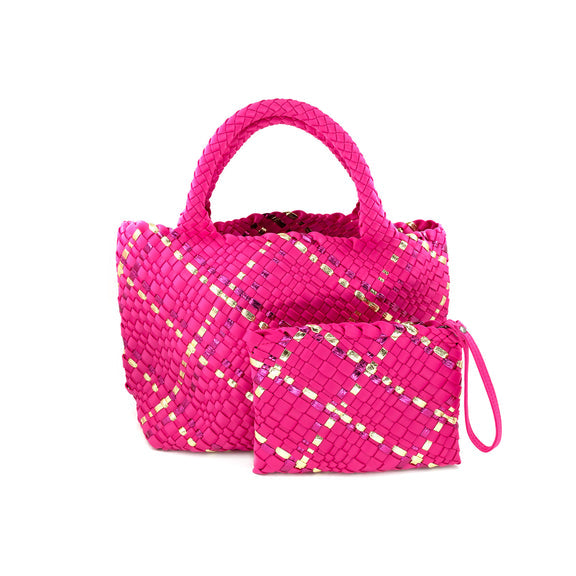 Black neoprene tote bag with a rectangular silhouette.