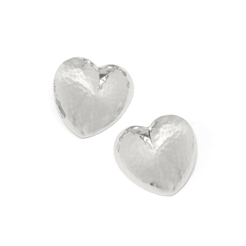 Trianon Heart Small Silver Post Earrings with a hammered finish and silver plating.