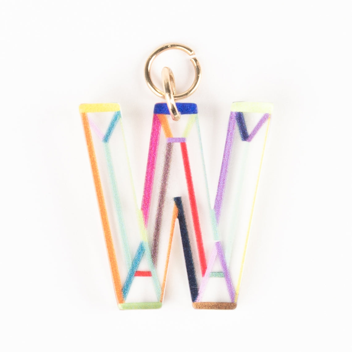 Marlow Initial Bag Charm featuring a clear acrylic letter W with colorful geometric line patterns.