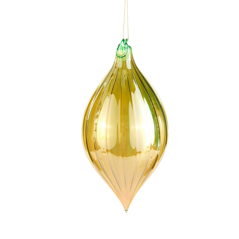 5-inch green pearlized glass drop ornament with a ribbed texture and gold hanging string.