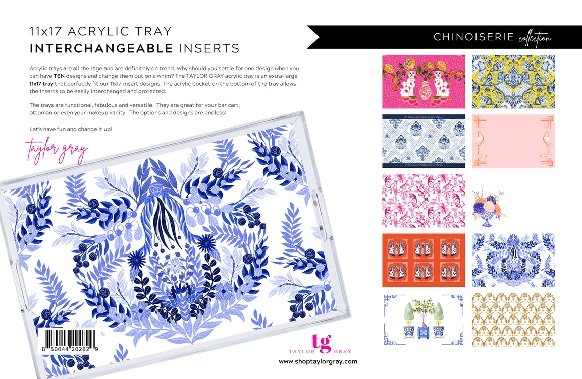 Chinoiserie Insert Set featuring a white ceramic plate with blue floral patterns.