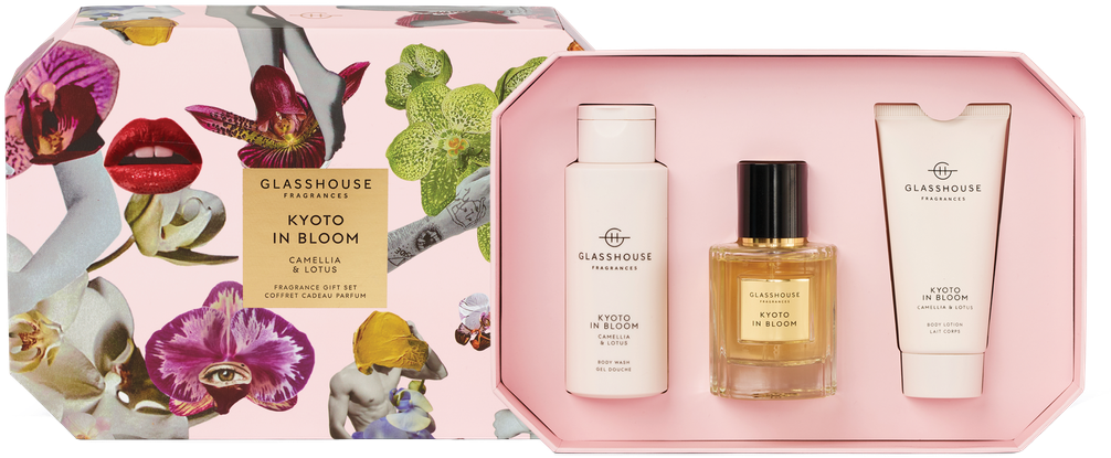 Kyoto in Bloom Camellia & Lotus Fragrance Gift Set with body wash, perfume, and body lotion.