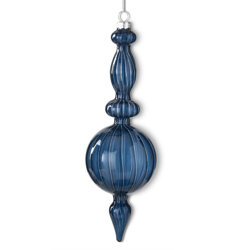 Handmade dark blue ribbed glass finial ornament with a silver hanging loop.