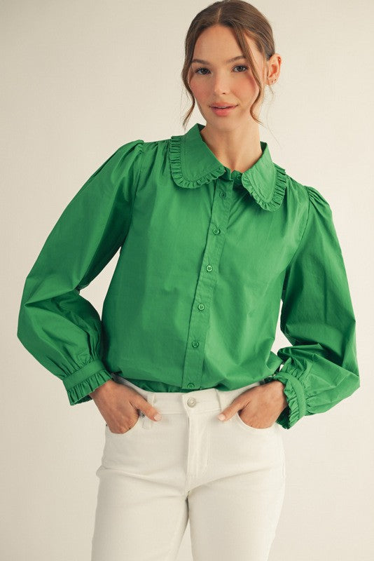 Cindy ruffle accent button down shirt in white cotton with a relaxed silhouette.