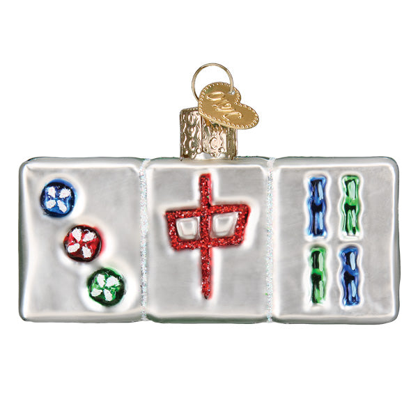 Glass Mahjong tile Christmas ornament featuring three colorful tiles with glitter accents.