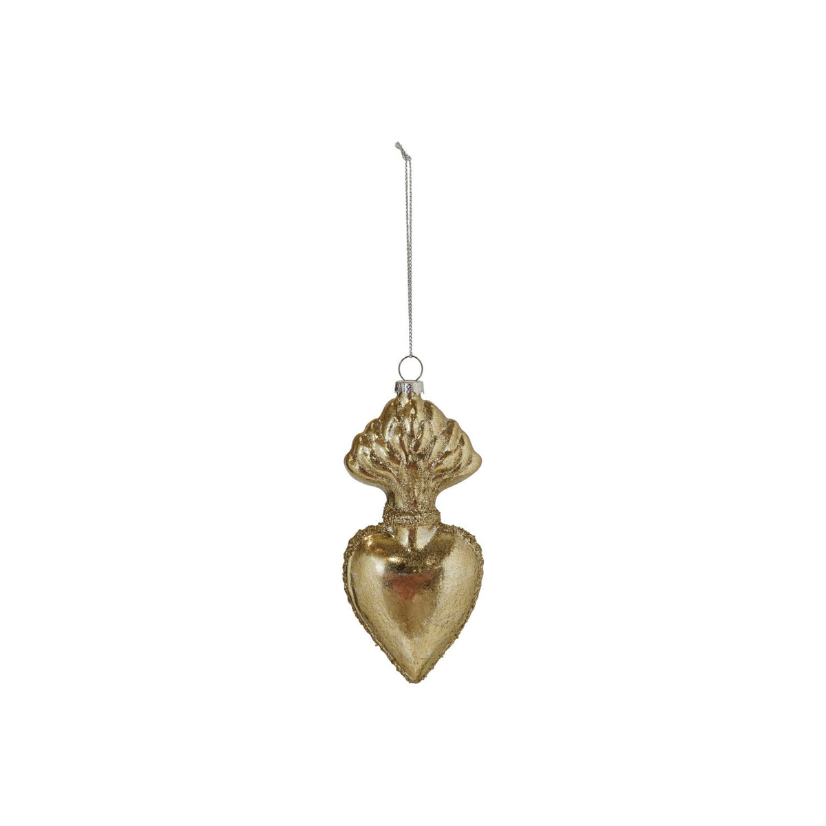 Gold glass Sacred Heart ornament with glitter accents and a silver hanging string.