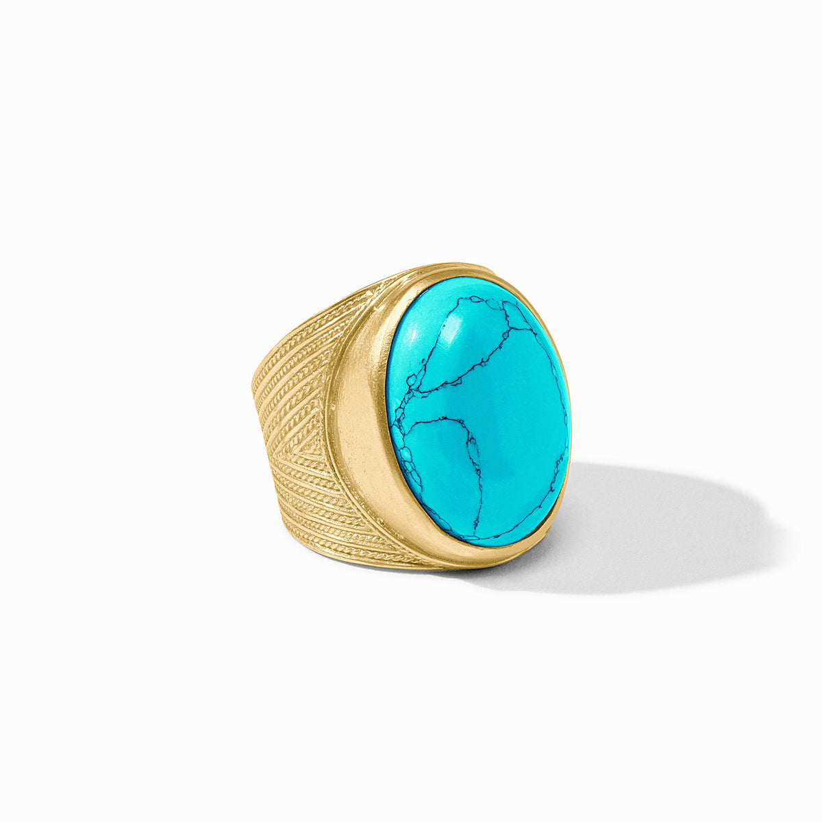 Verona Statement Ring in 24K gold plate with a large oval turquoise glass stone and chevron shank.