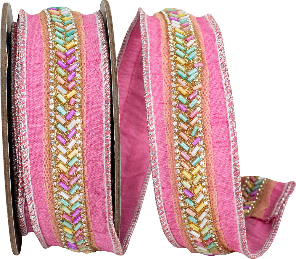 Pink Beaded Dupioni Glitter Wired Edge Ribbon with colorful bugle beads and silver trim.