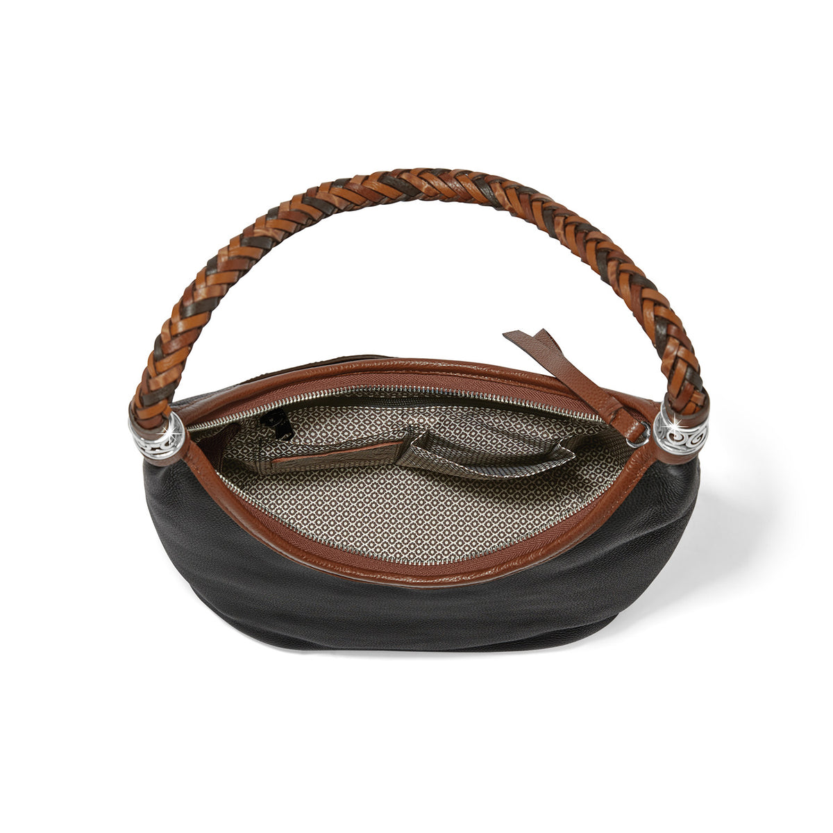 Top view of the Shelby Hobo in black leather showing the patterned lining and braided handle.