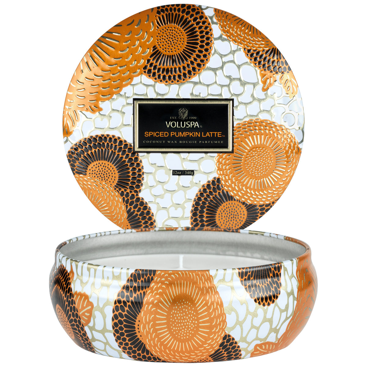 Spiced Pumpkin scented wax candle in a cylindrical tin with natural wicks.