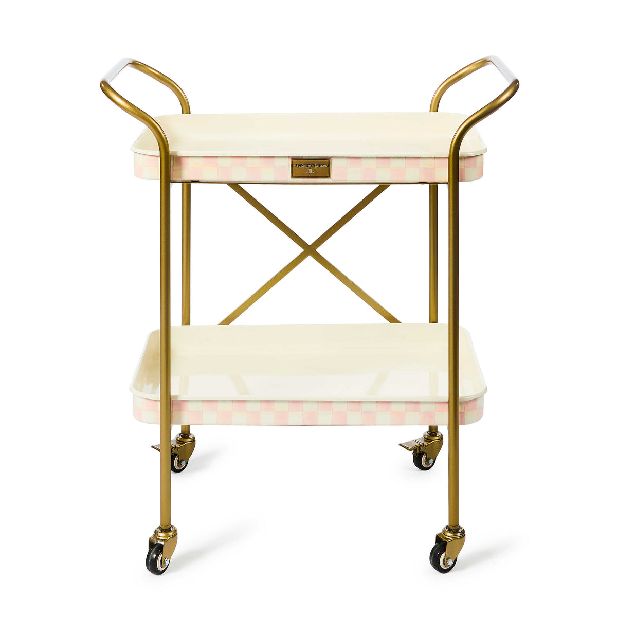 Two-tier kitchen cart with steel frame featuring hand-painted Rosy Check pattern on trays.