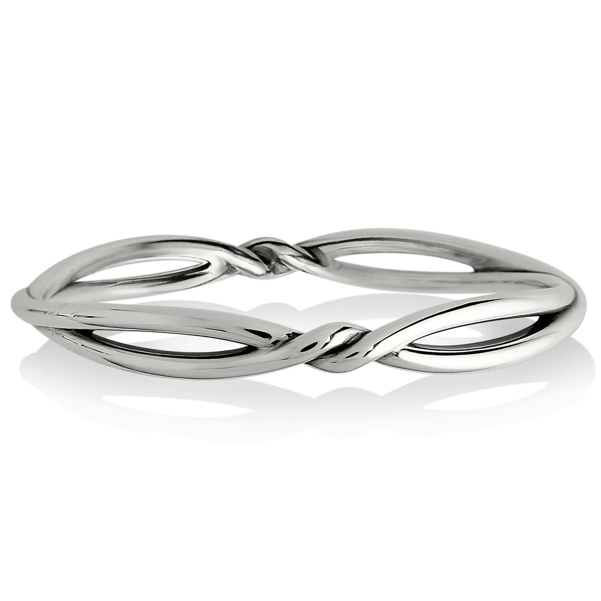 Silver plated Interlok Twist Bangle with a continuous intertwined knot design.