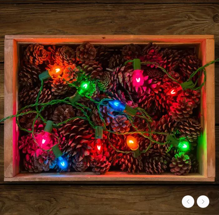 Vintage-style C7 LED Christmas light string with warm white bulbs on a green wire.