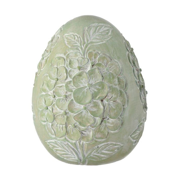 8-inch resin egg with raised embossed hydrangea blossoms and pointed leaves.