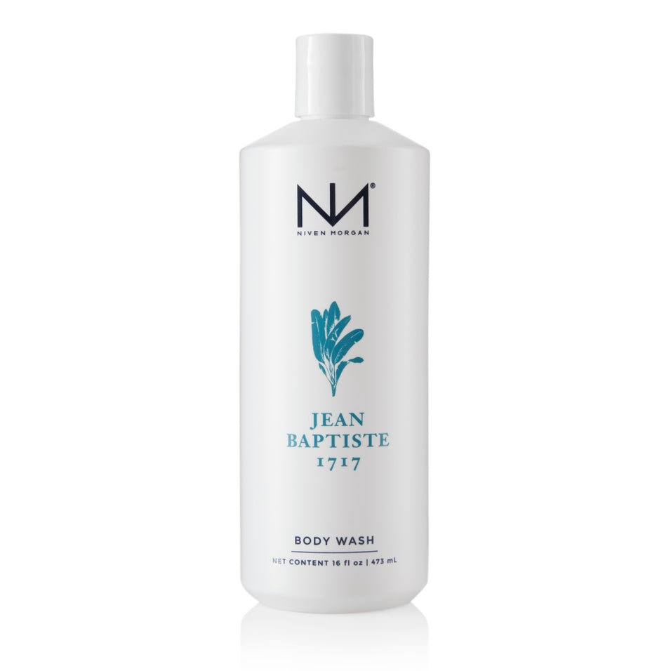 16 fl oz bottle of Niven Morgan Jean Baptiste 1717 Body Wash in white with blue graphics.