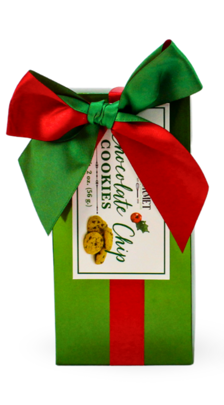 Green gift box of chocolate chip cookies with a red and green satin bow.
