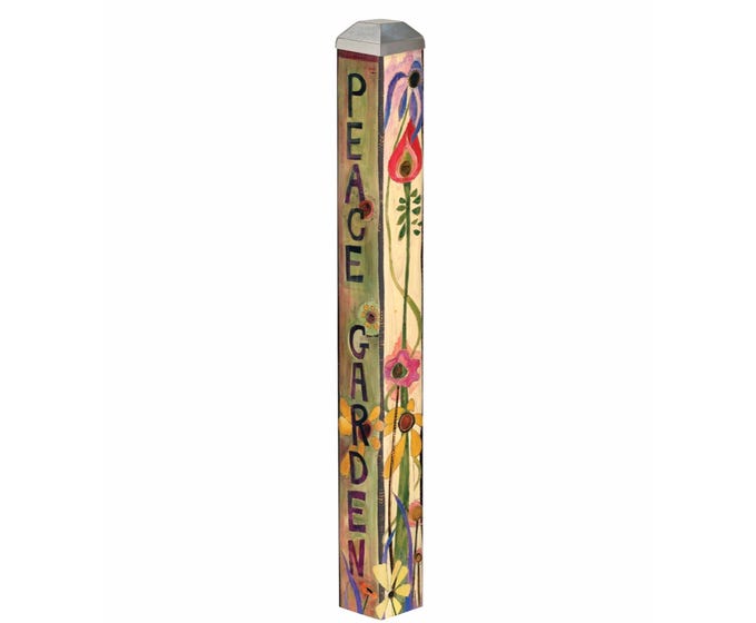 A 16-inch tall art pole with a silver cap, painted with colorful flowers and the words "PEACE GARDEN" vertically.