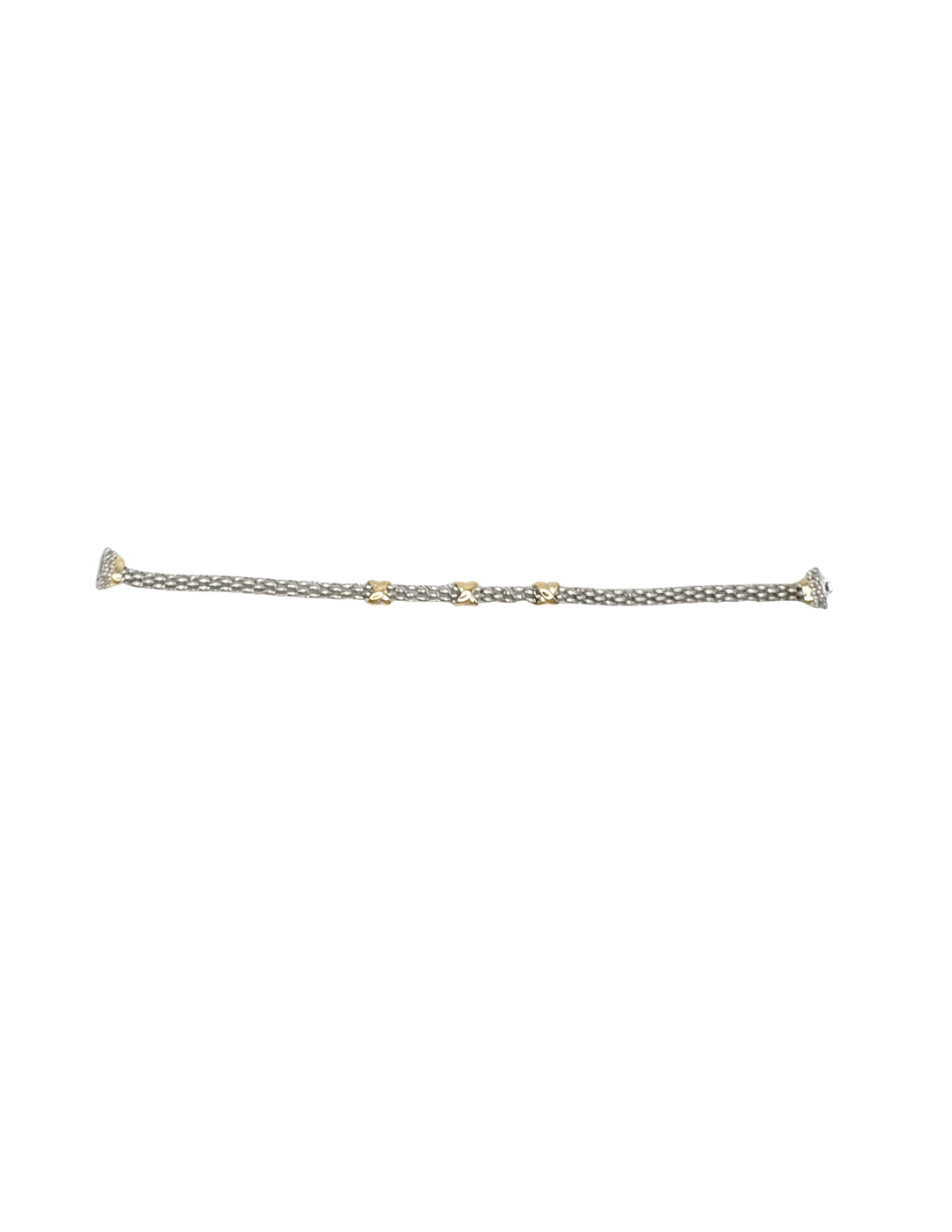 Silver mesh bracelet featuring three gold X-shaped stations and decorative end caps.