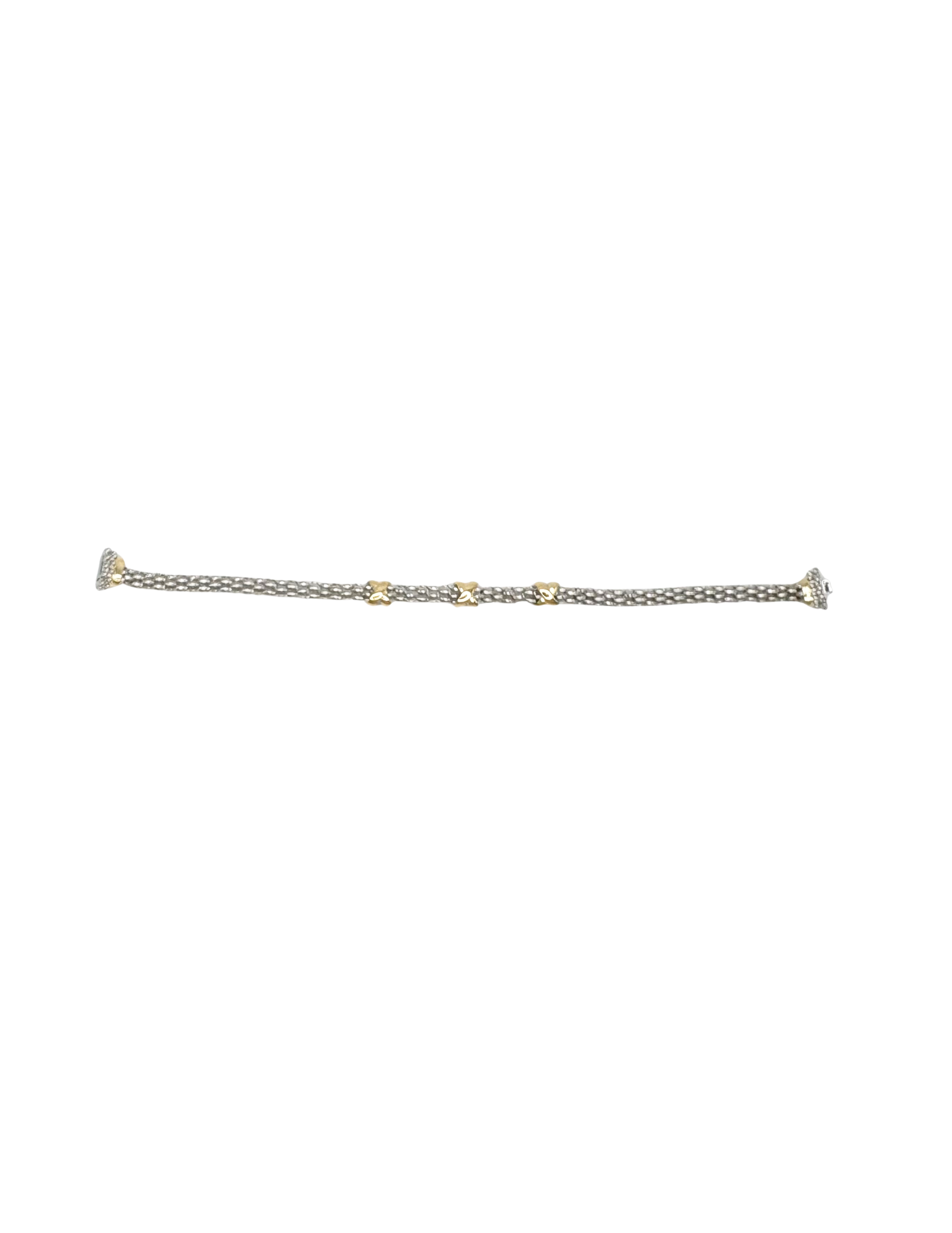 Silver mesh bracelet featuring three gold X-shaped stations and decorative end caps.
