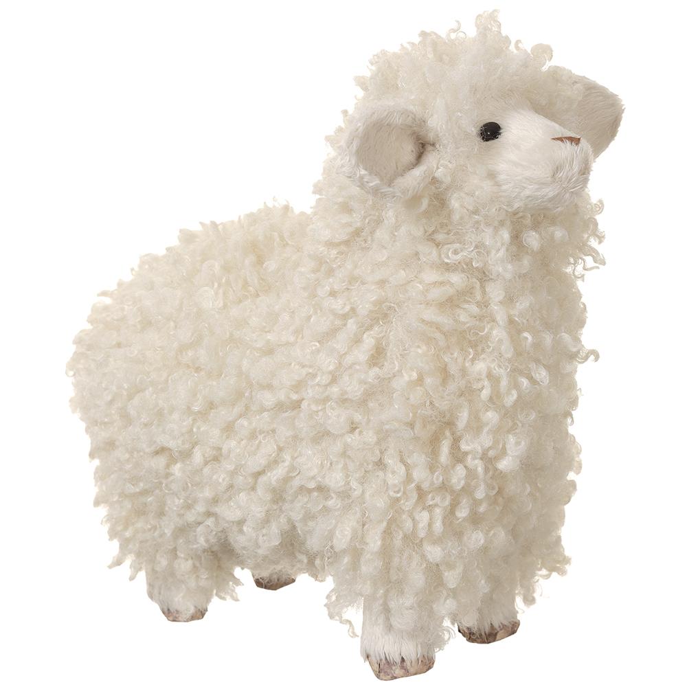 Beige sheep-shaped plush toy with artificial fur body and plastic eyes.