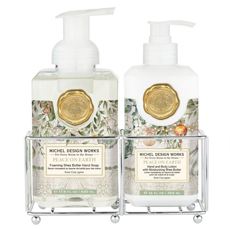 Hand Care Caddy containing foaming hand soap and lotion bottles.