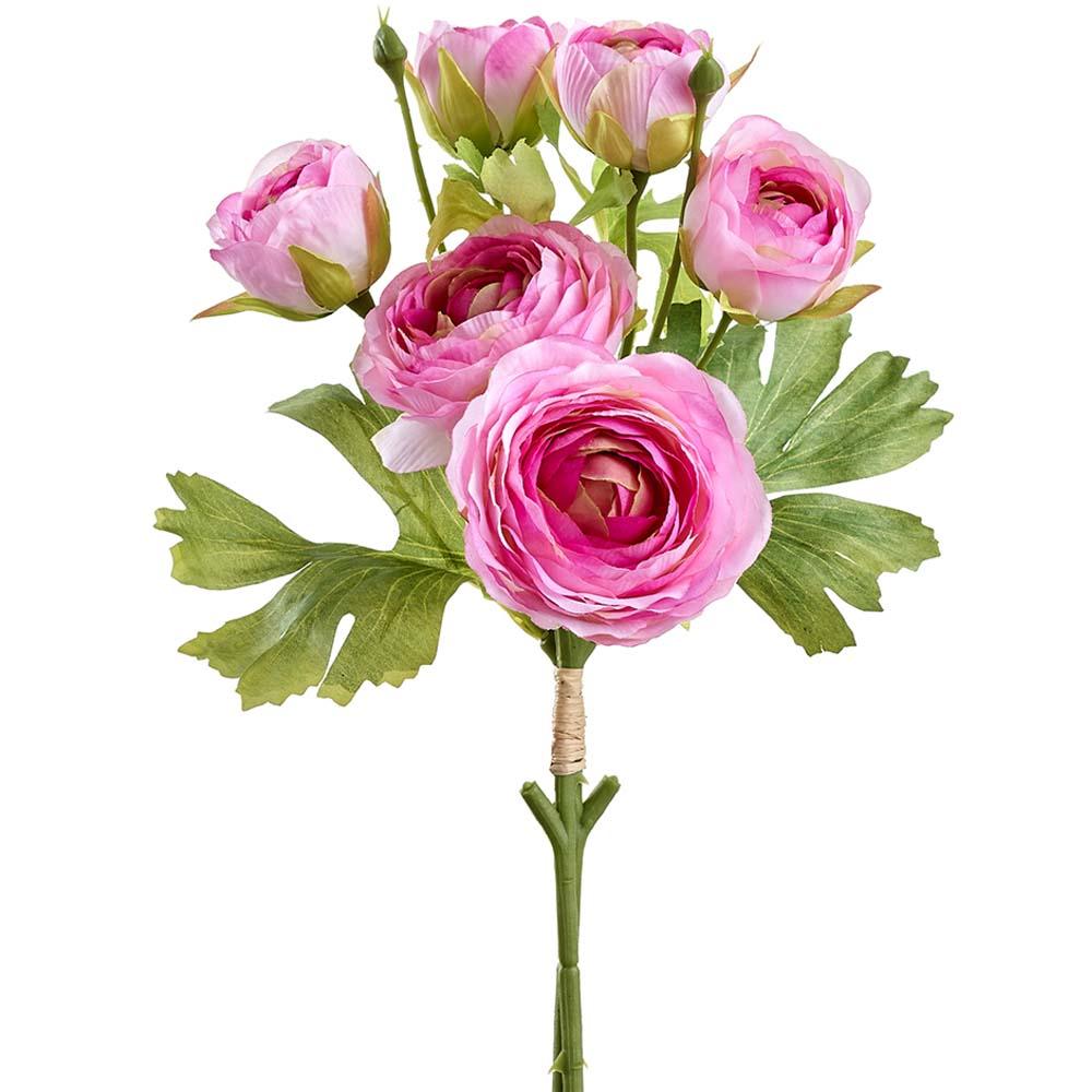 A bundle of five pink ranunculus flowers with green leaves and a brown-wrapped stem.