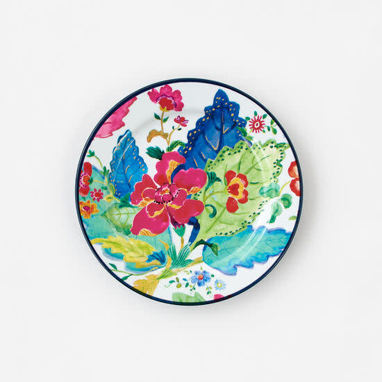 Tobacco Leaf enamel plate with vibrant floral accents on a white background.