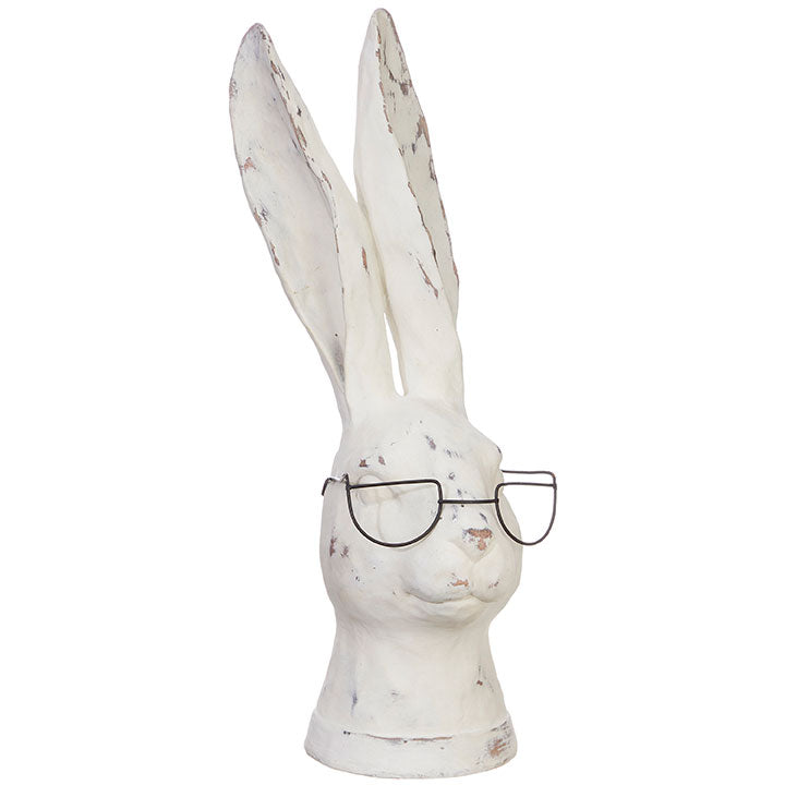 Resin rabbit home decor figurine approximately 13.75 inches tall wearing glasses.