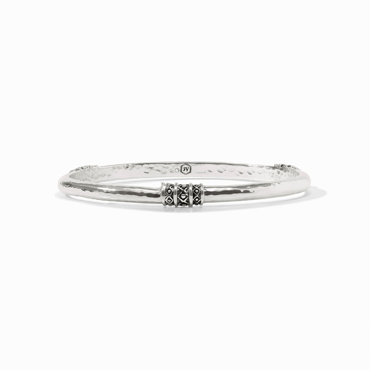 Slim hammered silver bangle with three diamond-bead accents