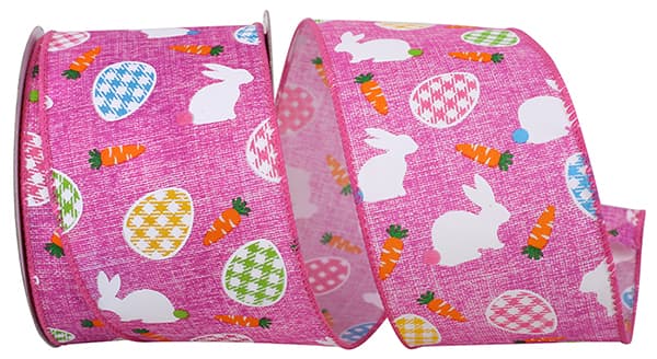 Pink linen wired edge ribbon with a bunny egg carrot print