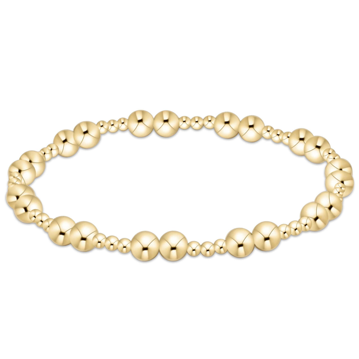Gold beaded together bracelet on high-performance elastic with slight stretch.
