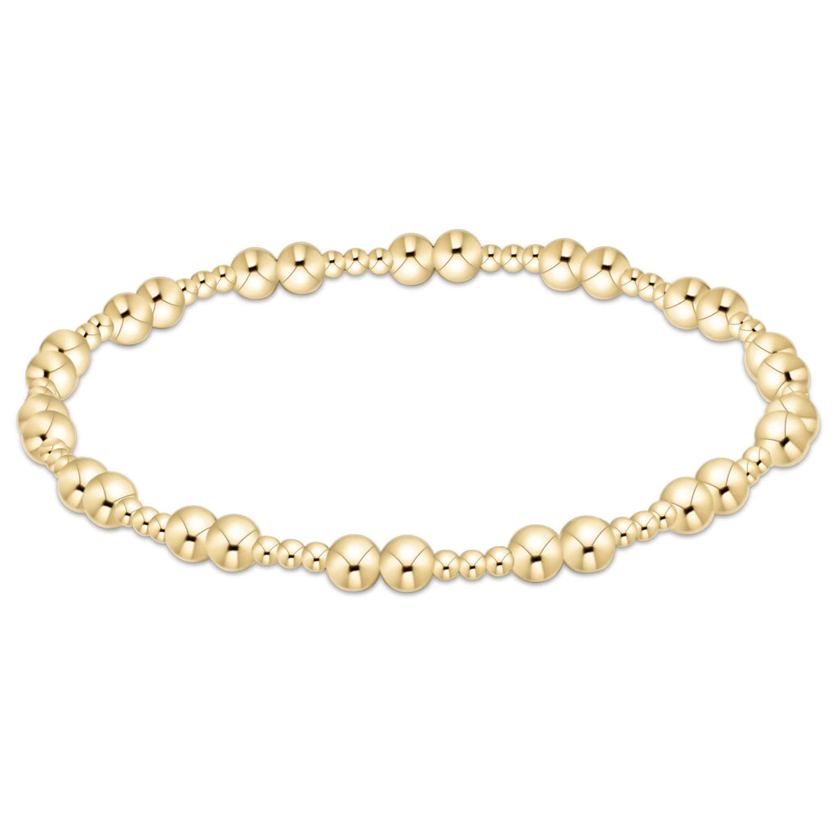 Gold beaded together bracelet on high-performance elastic with slight stretch.