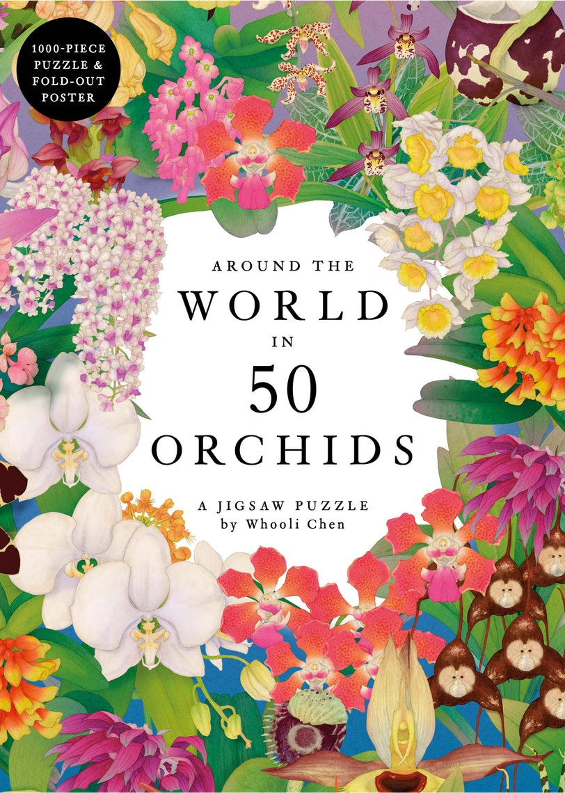 Around the World in 50 Orchids: A 1000-piece jigsaw puzzle box featuring a colorful global orchid pattern.