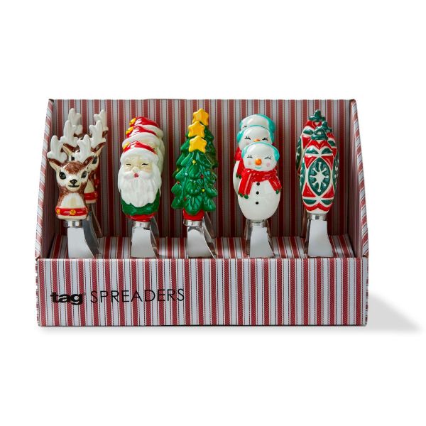 Set of 5 Christmas-themed spreaders: reindeer, Santa, tree, snowman, and snowflake designs.