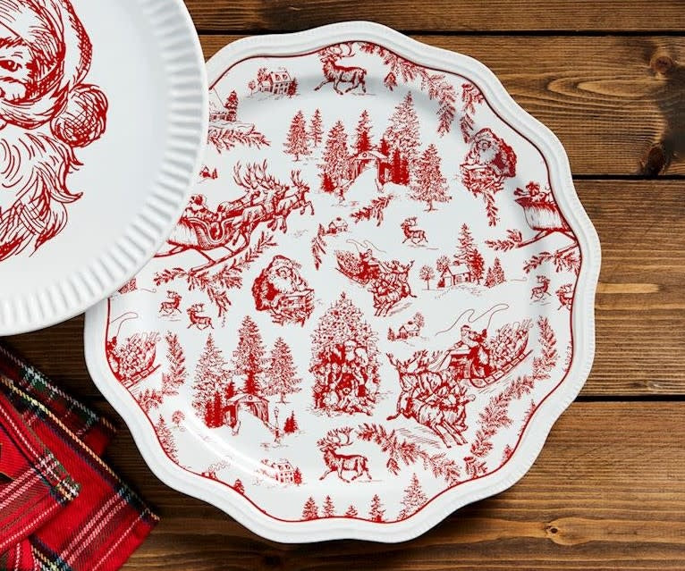 Small stoneware Christmas platter with red toile holiday pattern