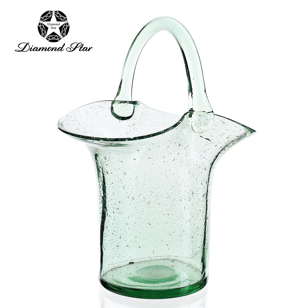 11.8-inch light green seeded glass vase with a curved handle and flared rim.