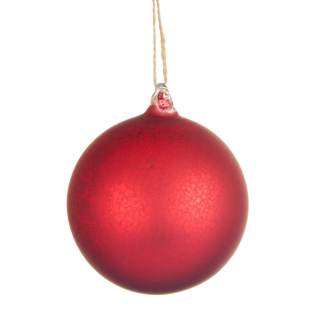 5-inch red mercury finish glass ball ornament hanging from a string.