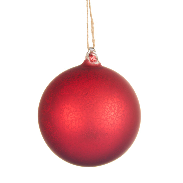 5-inch red mercury finish glass ball ornament hanging from a string.