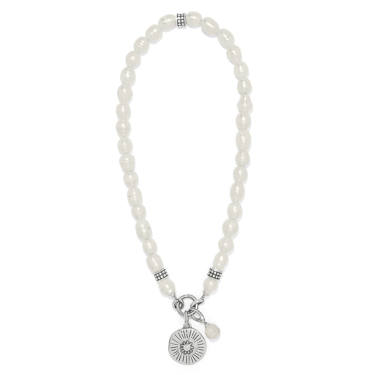 Silver-plated necklace with freshwater rice pearl charm and etched token pendant on a silver chain.