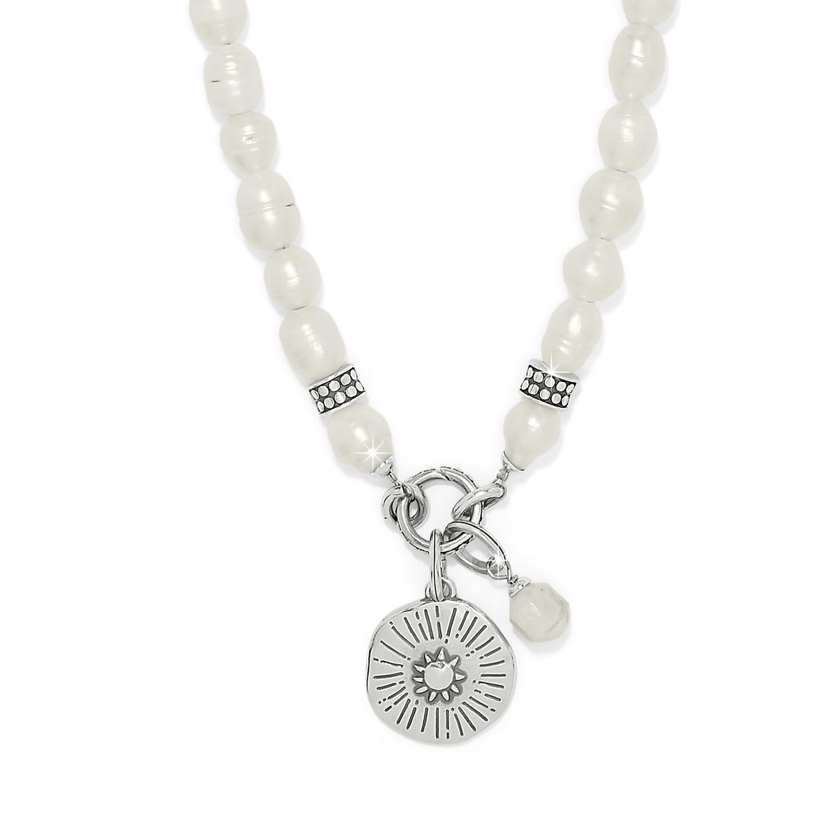 Silver-plated necklace with freshwater rice pearl charm and etched token pendant on a silver chain.