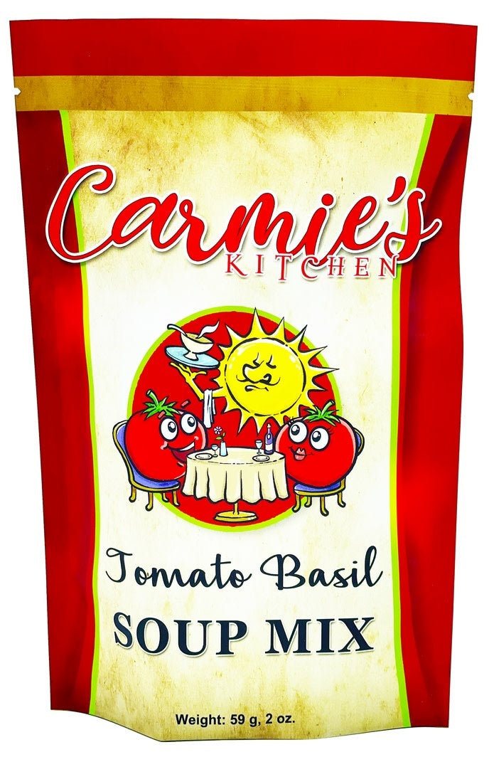 Bag of tomato basil soup mix with visible red contents