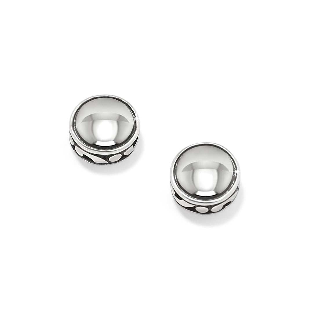 Round silver-plated Contempo Nuevo post earrings with a polished dome and patterned edge.