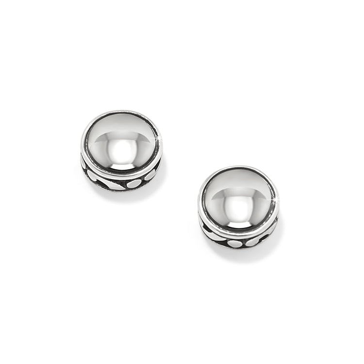 Round silver-plated Contempo Nuevo post earrings with a polished dome and patterned edge.