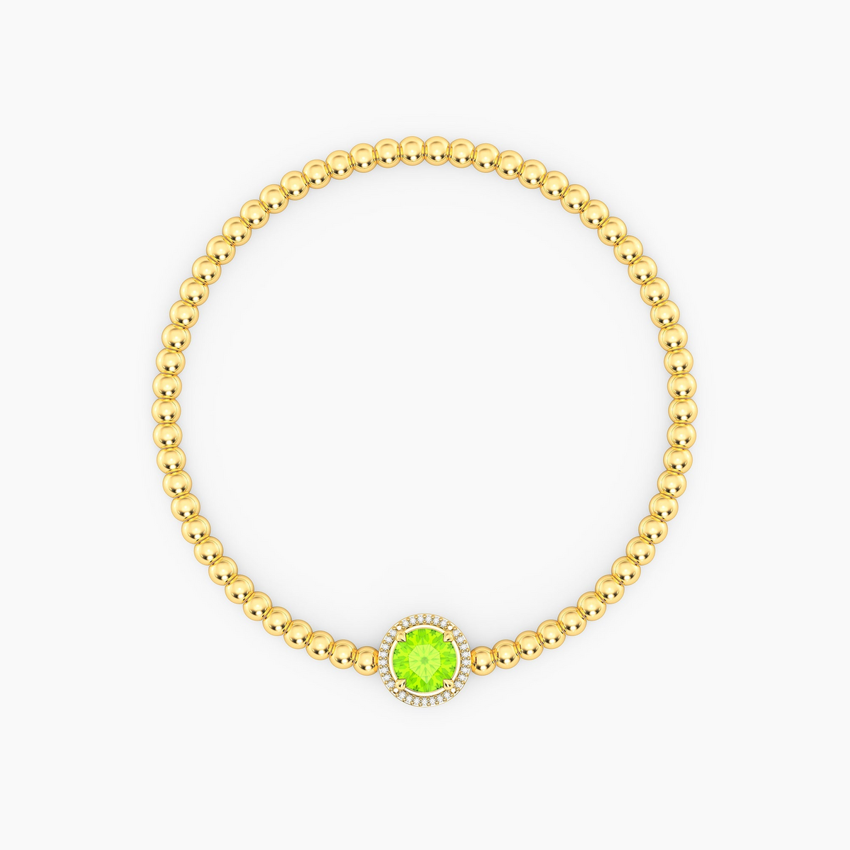 Gold beaded bracelet with a round green peridot center stone and a diamond halo.